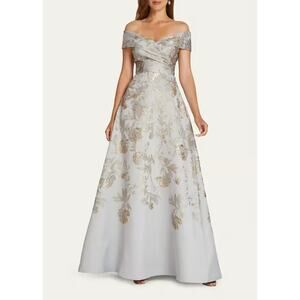 Teri Jon Off The Shoulder Metallic Jacquard A Line Gown Size 14 Silver Gold